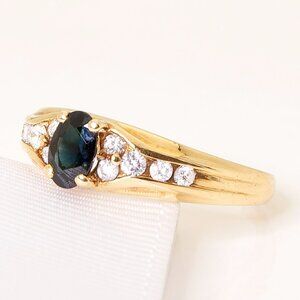 Vintage 18kt Yellow Gold Natural Sapphire and Real Diamonds Ring Size 6.75 3.8gr